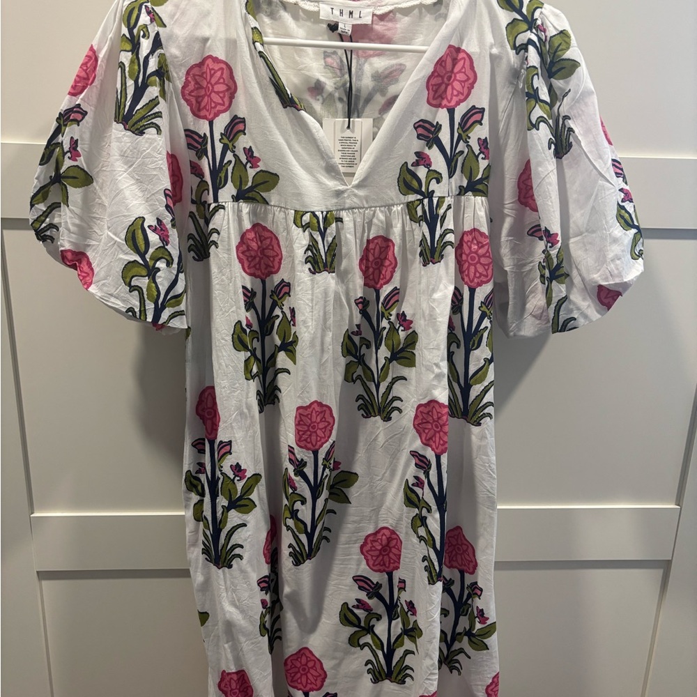 THML White Dress with Pink and Green Floral Pattern